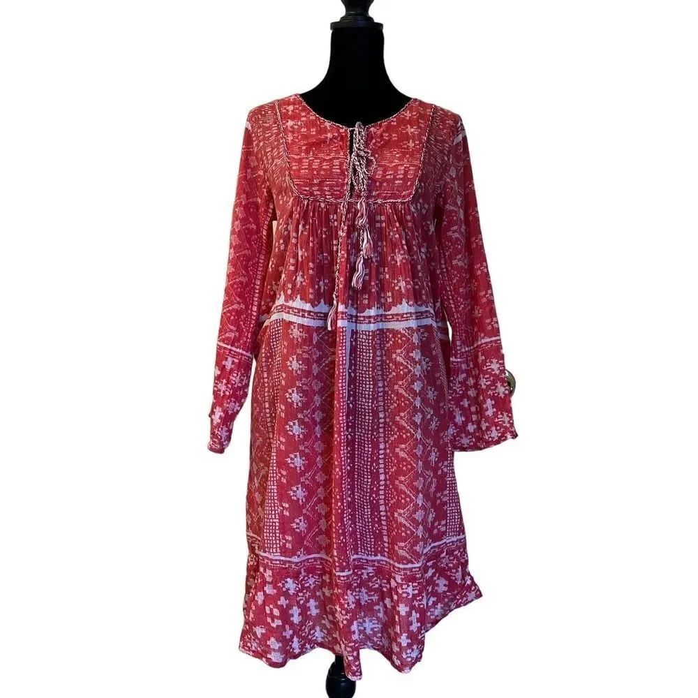 Lola Australia Floral Print Tasseled Front 100% Cotton Boho Dress Red Womens S